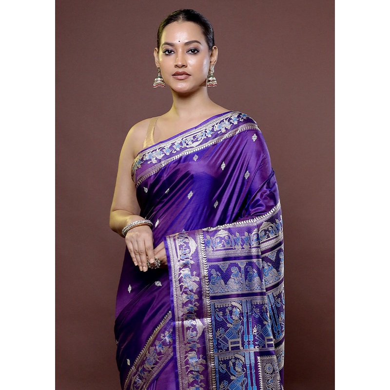 Purple Handloom Baluchari Pure Silk Saree With Blouse Piece - JD986611862