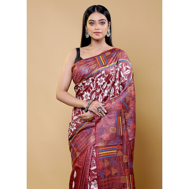 Purple Handloom Kantha Stitch Pure Silk Saree With Blouse Piece - JD986611790