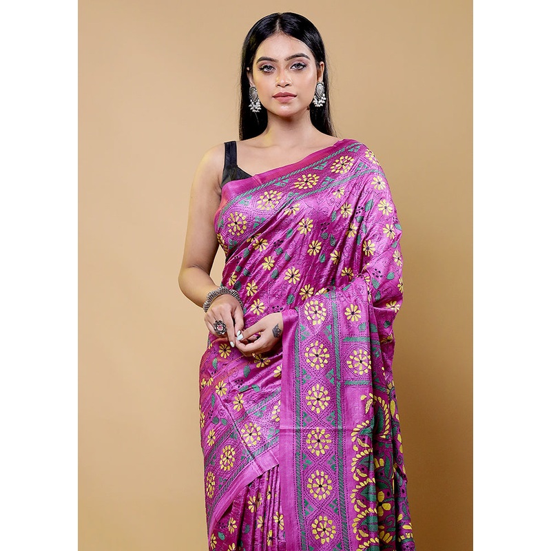 Purple Handloom Kantha Stitch Pure Silk Saree With Blouse Piece - JD986611791