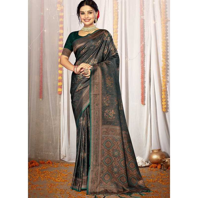 Rama Satin Silk Saree With Blouse Piece - JD986611686