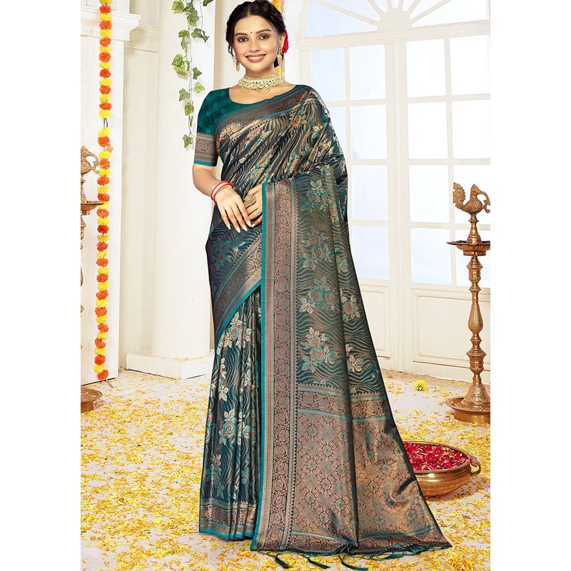 Rama Satin Silk Saree With Blouse Piece - JD986611687