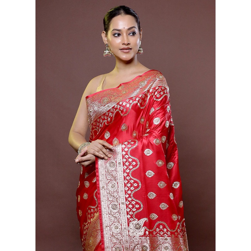 Red Banarasi Silk Saree With Blouse Piece - JD986611860