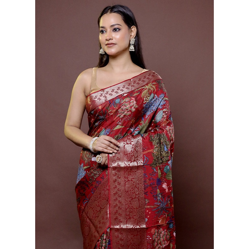 Red Chanderi Cotton Saree With Blouse Piece - JD986611859