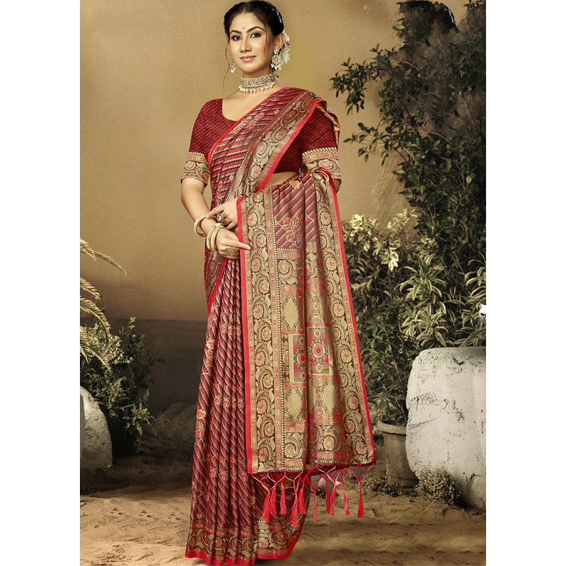 Red Satin Silk Saree With Blouse Piece - JD986611681