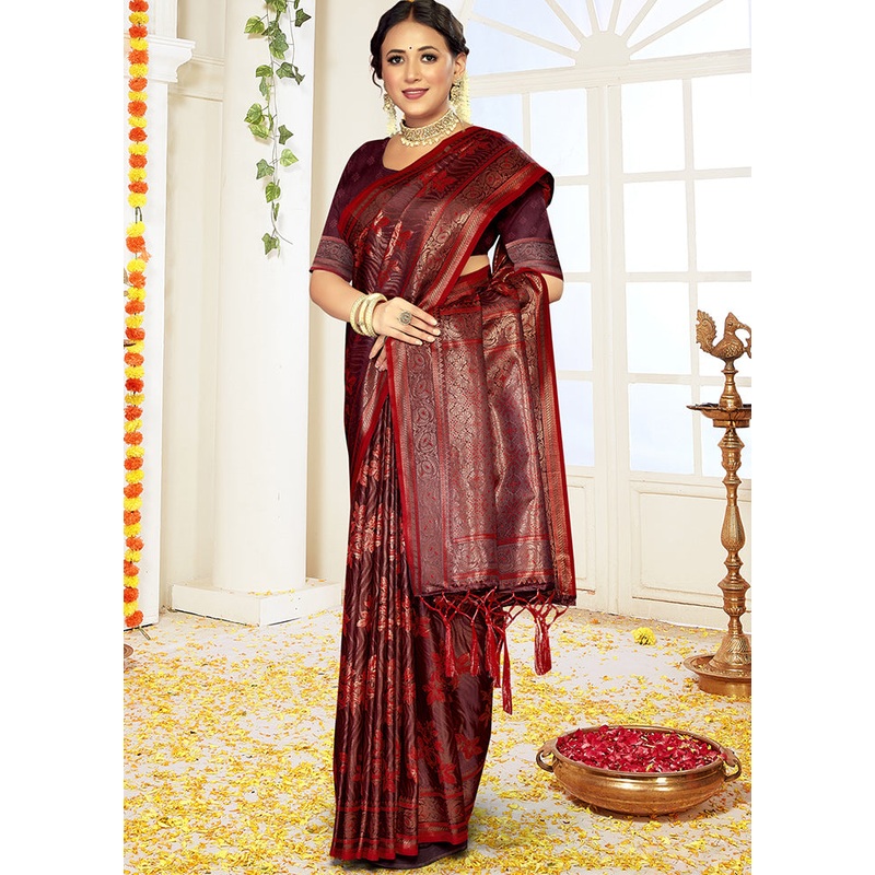Red Satin Silk Saree With Blouse Piece - JD986611682