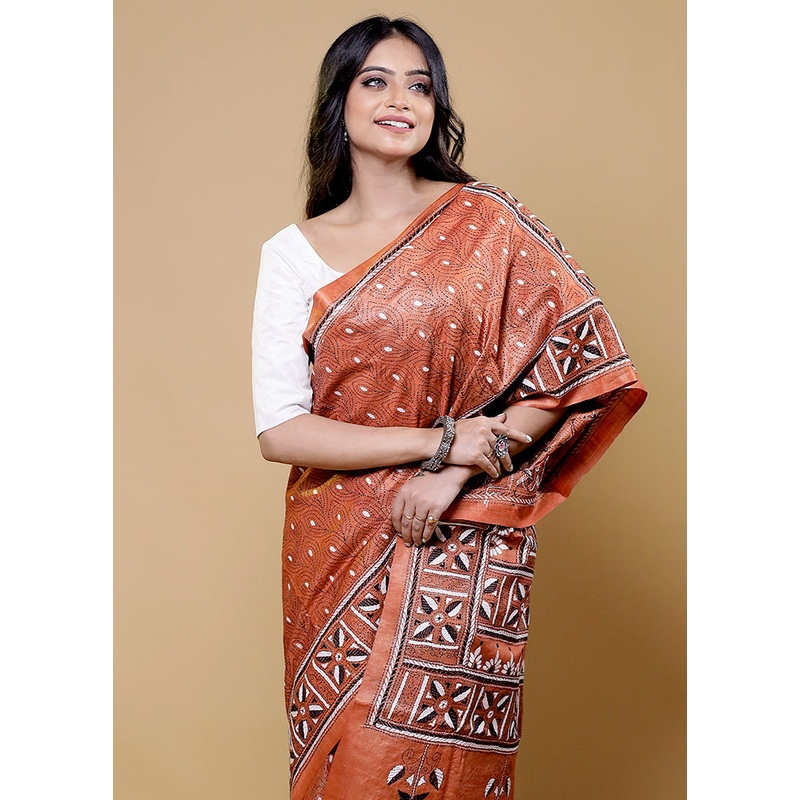 Rust Handloom Kantha Stitch Pure Silk Saree With Blouse Piece - JD986611787