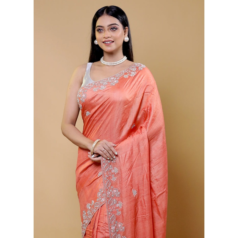 Rust Handloom Tussar Pure Silk Saree With Blouse Piece - JD986611785