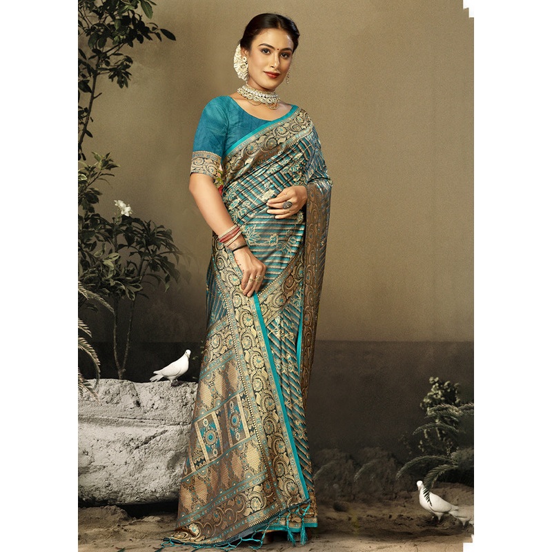 Sky Blue Satin Silk Saree With Blouse Piece - JD986611678