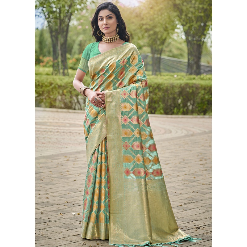 Teal Blue Organza Saree With Blouse Piece - JD986611677