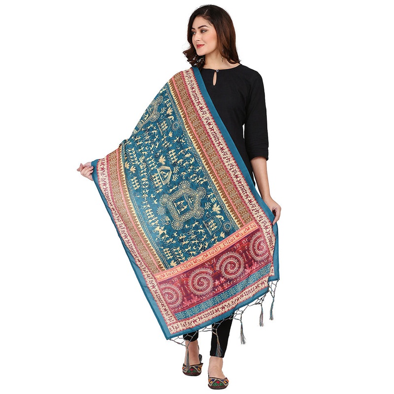 Teal Cotton Designer Digital Printed Work Dupatta - JD986611820