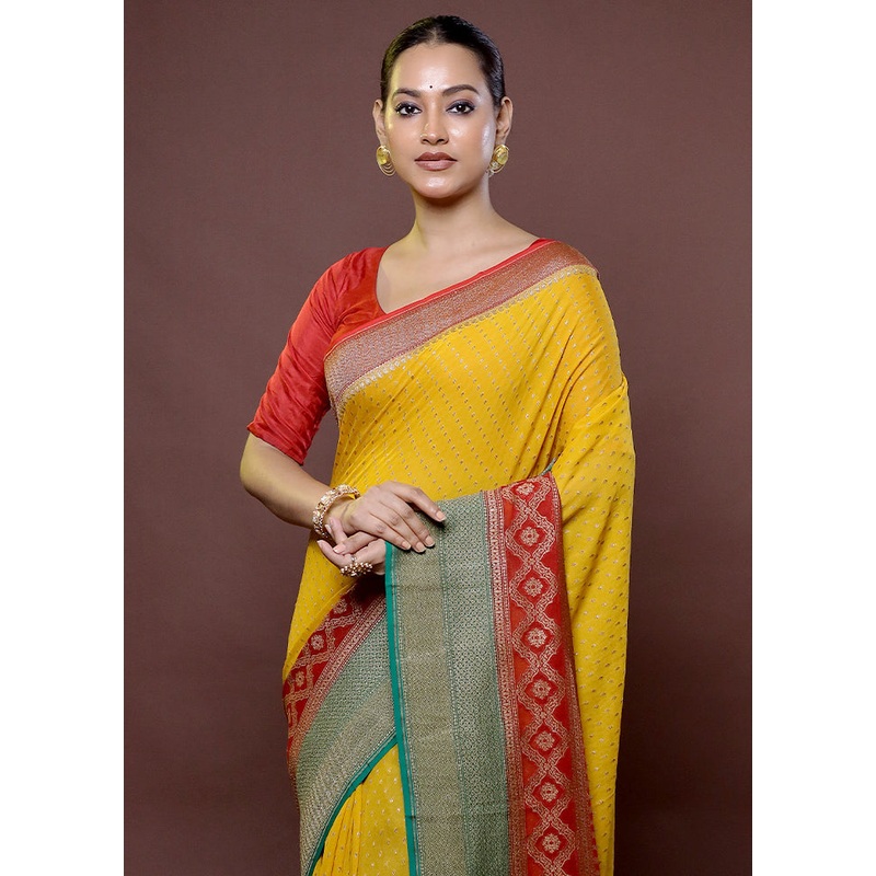 Yellow Handloom Pure Georgette Saree With Blouse Piece - JD986611857