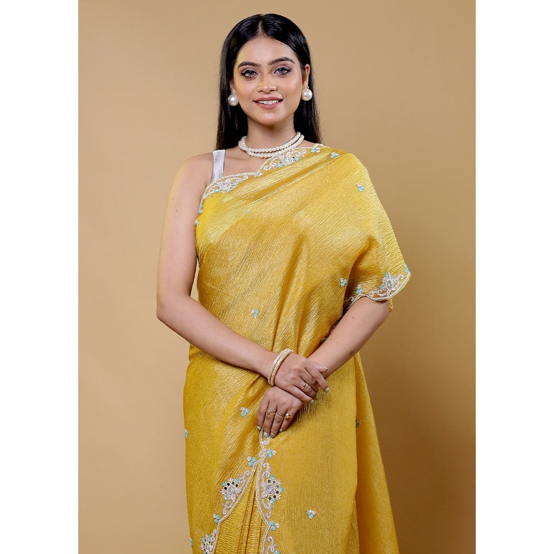 Yellow Handloom Tissue Pure Silk Saree With Blouse Piece - JD986611782
