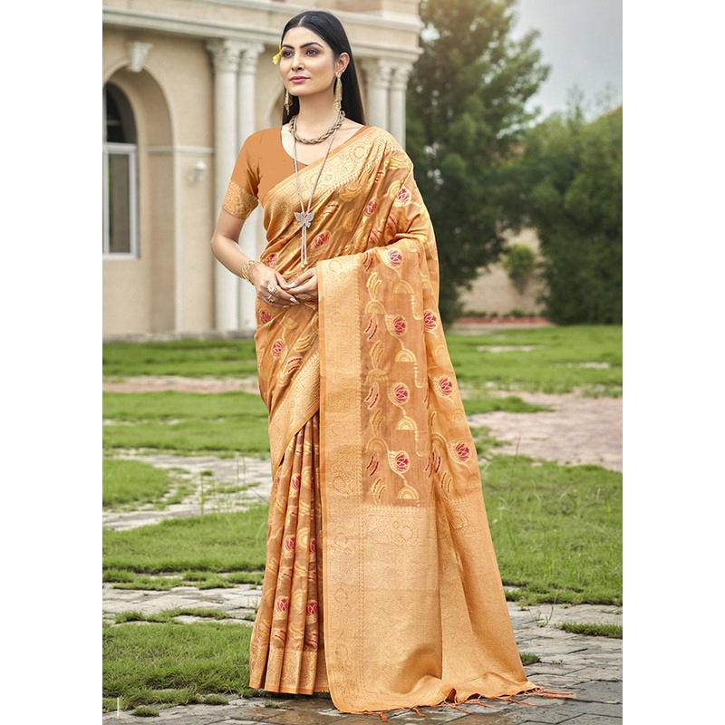 Yellow Organza Saree With Blouse Piece - JD986611710