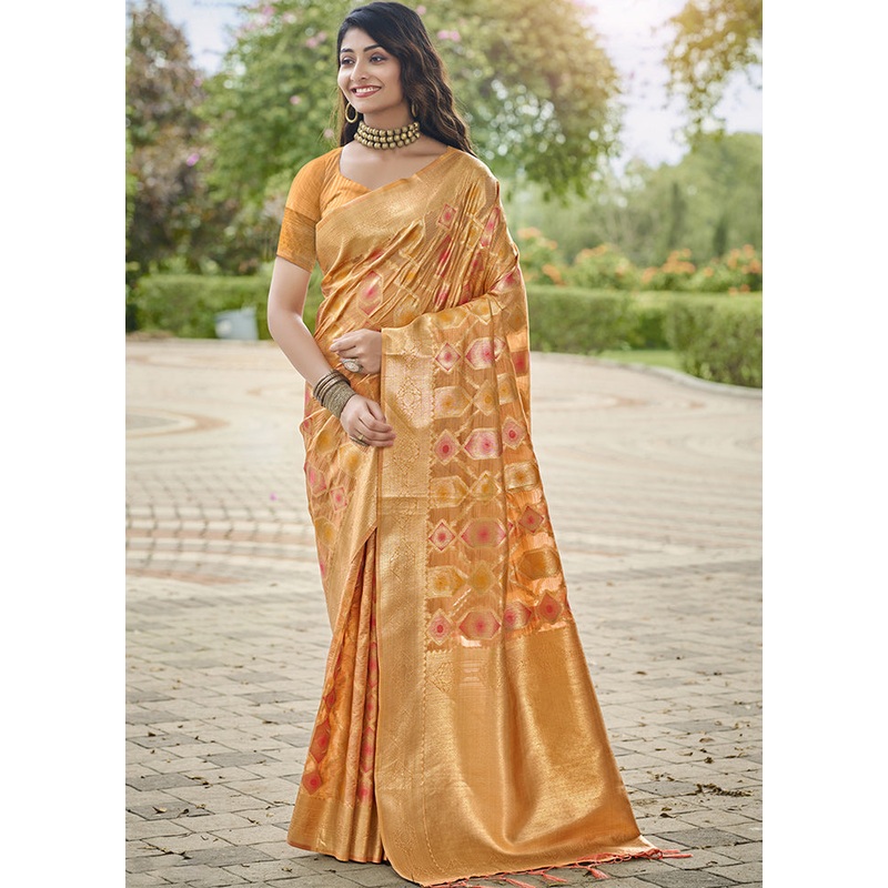 Yellow Organza Saree With Blouse Piece - JD986611713