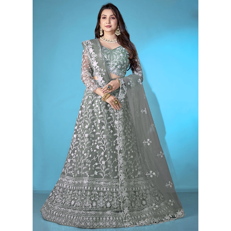3 Pc Beige Net Semi Stitched Lehenga Set - JD986611564