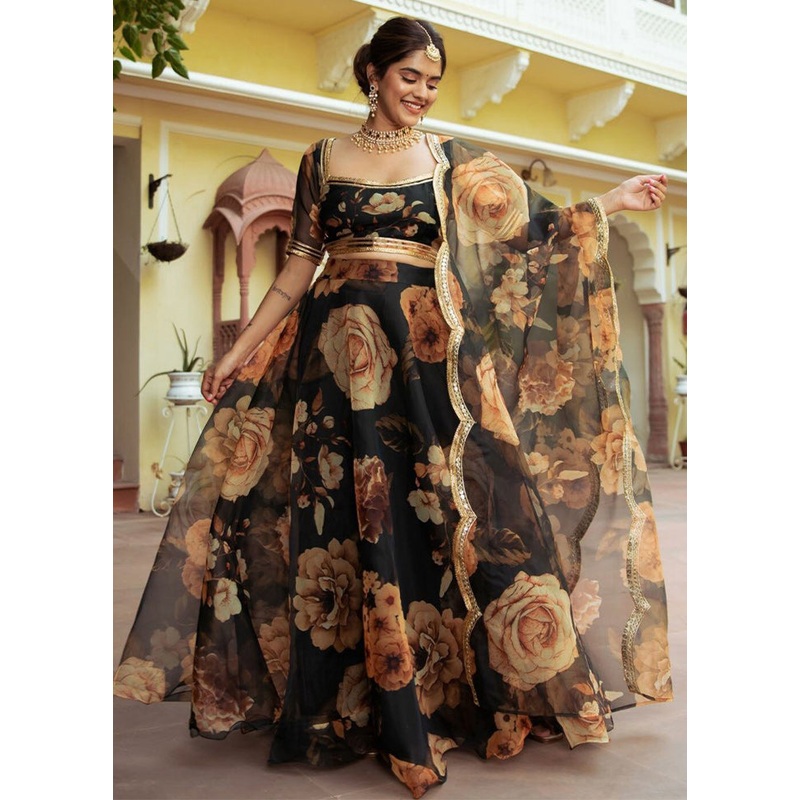 3 Pc Black Net Semi Stitched Lehenga Set - JD986611562