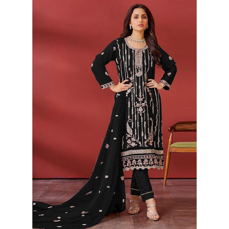 3 Pc Black Semi Stitched Georgette Suit Set - JD986611620