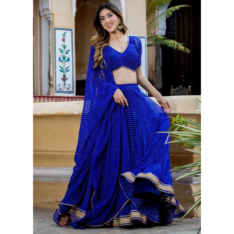 3 Pc Blue Georgette Semi Stitched Lehenga Set - JD986611560