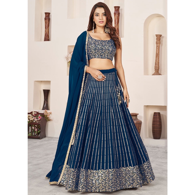 3 Pc Blue Georgette Semi Stitched Lehenga Set - JD986611561