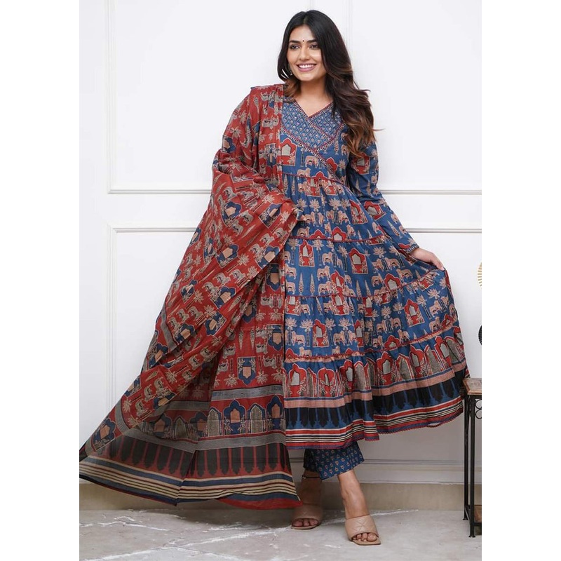 3 Pc Blue Readymade Cotton Suit Set - JD986611659