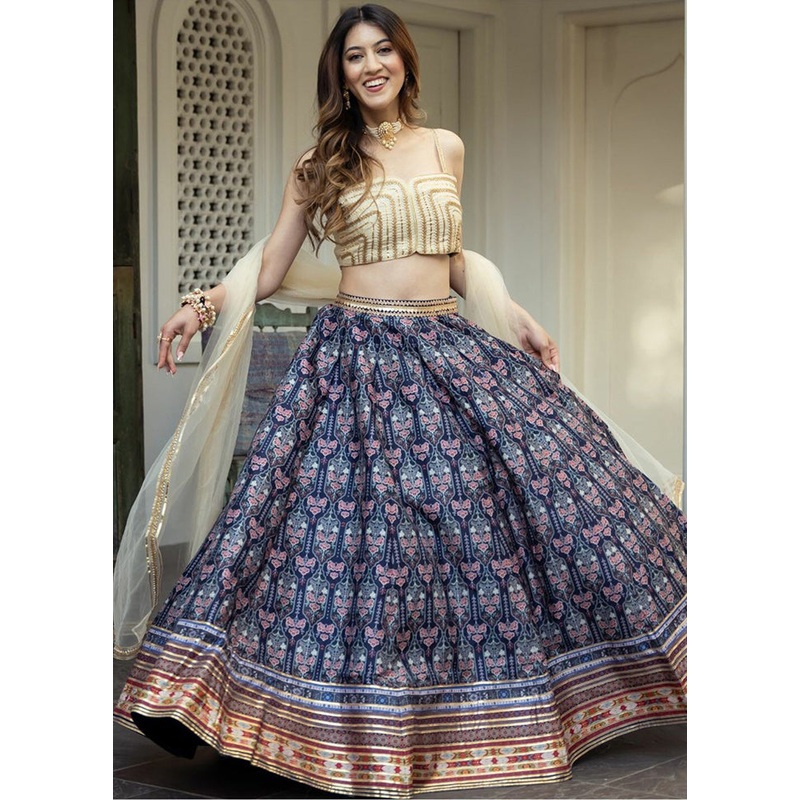 3 Pc Blue Silk Semi Stitched Lehenga Set - JD986611559