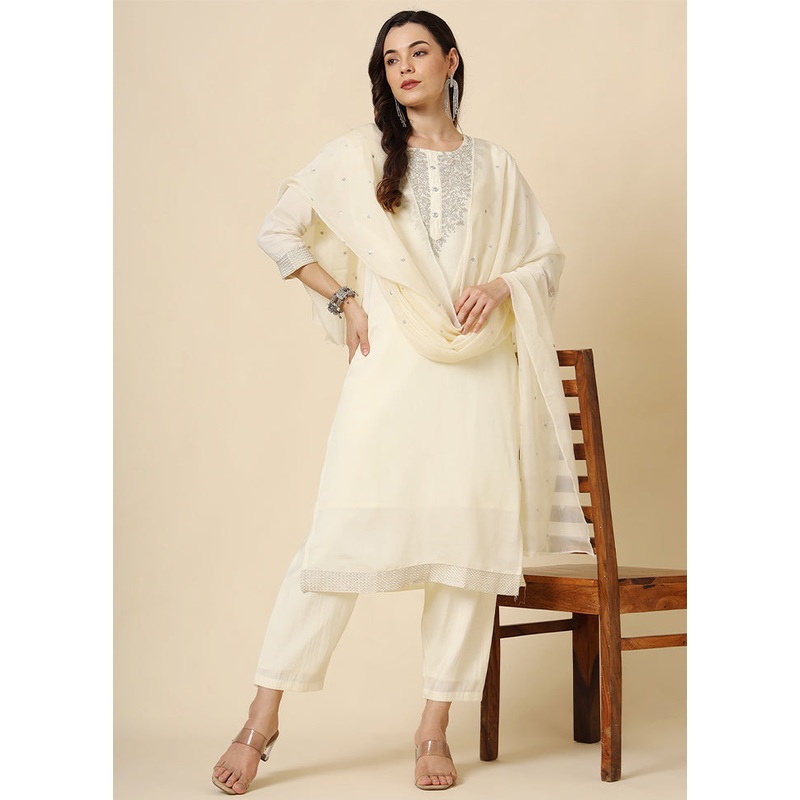 3 Pc Cream Readymade Silk Suit Set - JD986611656