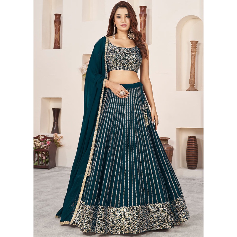 3 Pc Green Georgette Semi Stitched Lehenga Set - JD986611558