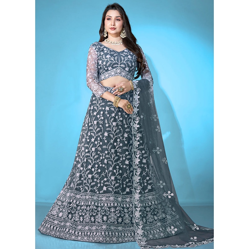 3 Pc Grey Net Semi Stitched Lehenga Set - JD986611557