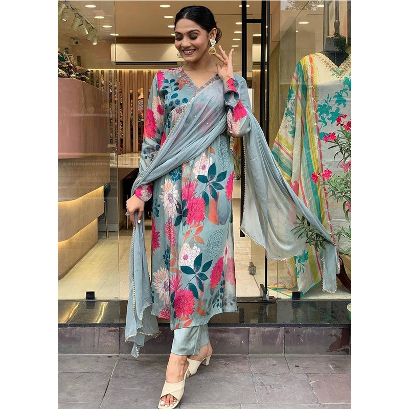 3 Pc Grey Readymade Silk Suit Set - JD986611654