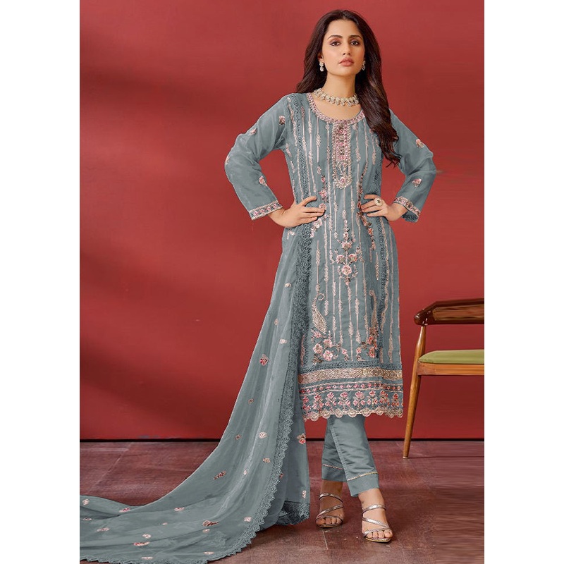3 Pc Grey Semi Stitched Georgette Suit Set - JD986611617