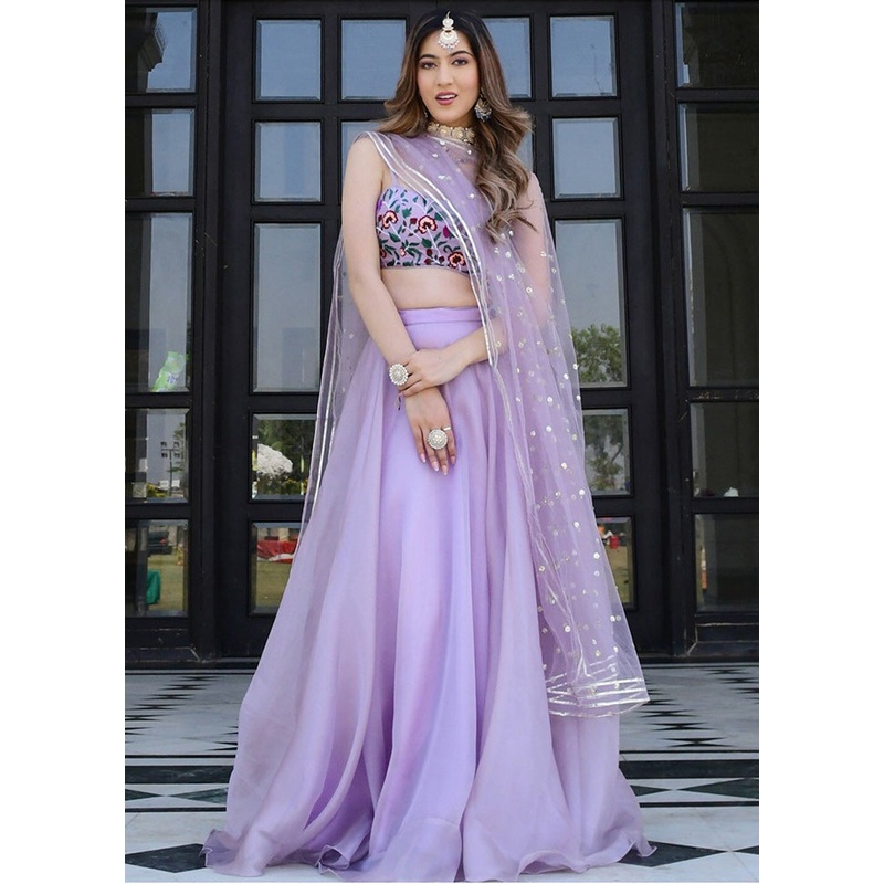 3 Pc Lavender Net Semi Stitched Lehenga Set - JD986611556