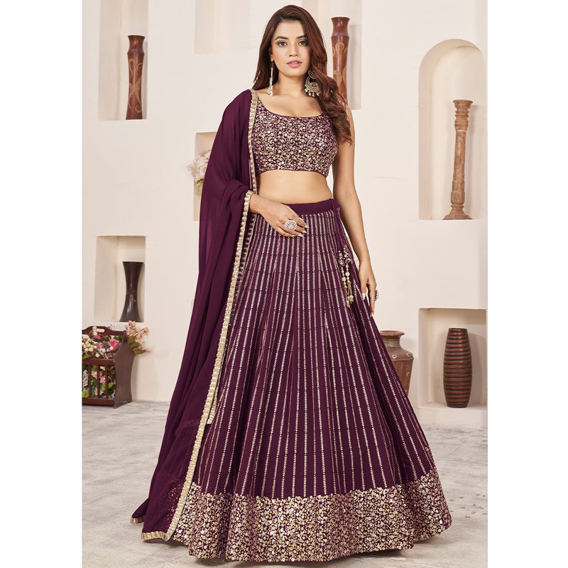 3 Pc Maroon Georgette Semi Stitched Lehenga Set - JD986611555