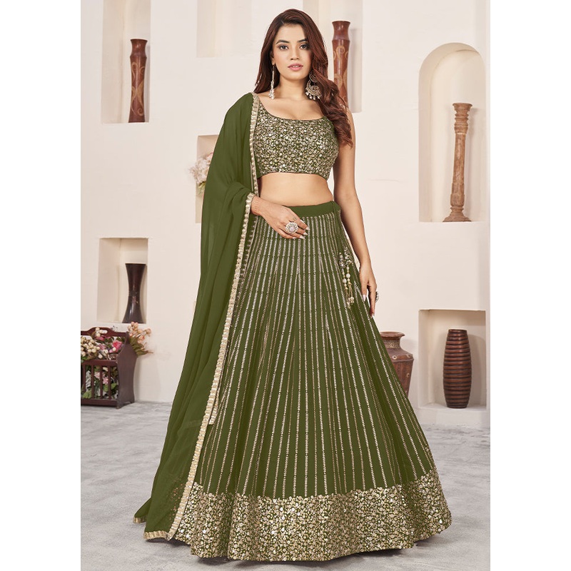 3 Pc Olive Green Georgette Semi Stitched Lehenga Set - JD986611553