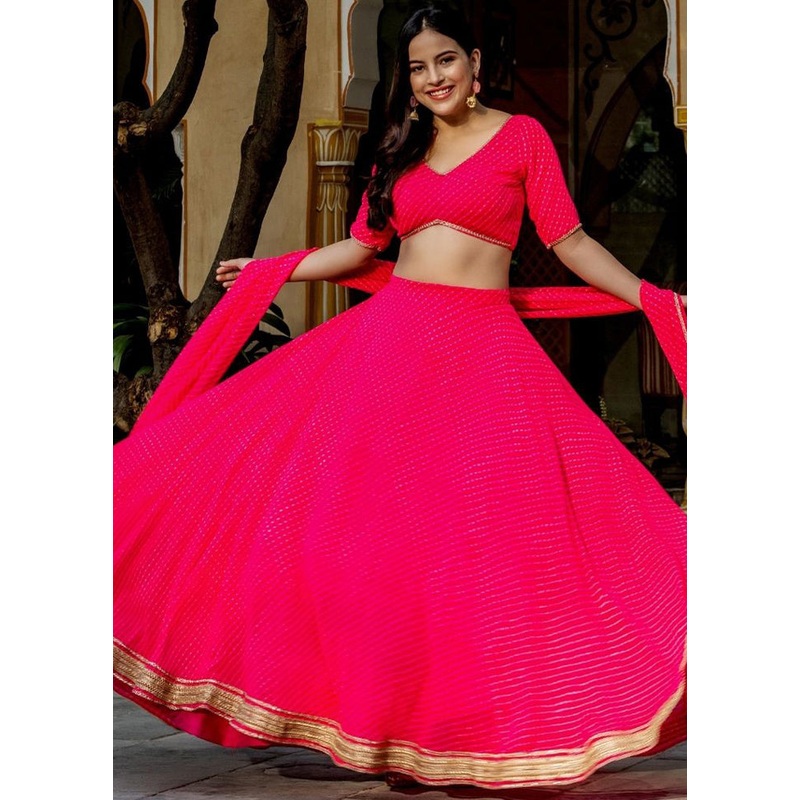 3 Pc Pink Georgette Semi Stitched Lehenga Set - JD986611551