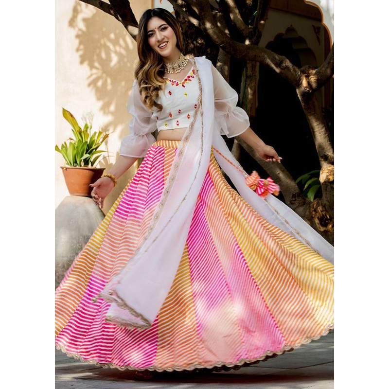 3 Pc Pink Silk Semi Stitched Lehenga Set - JD986611554