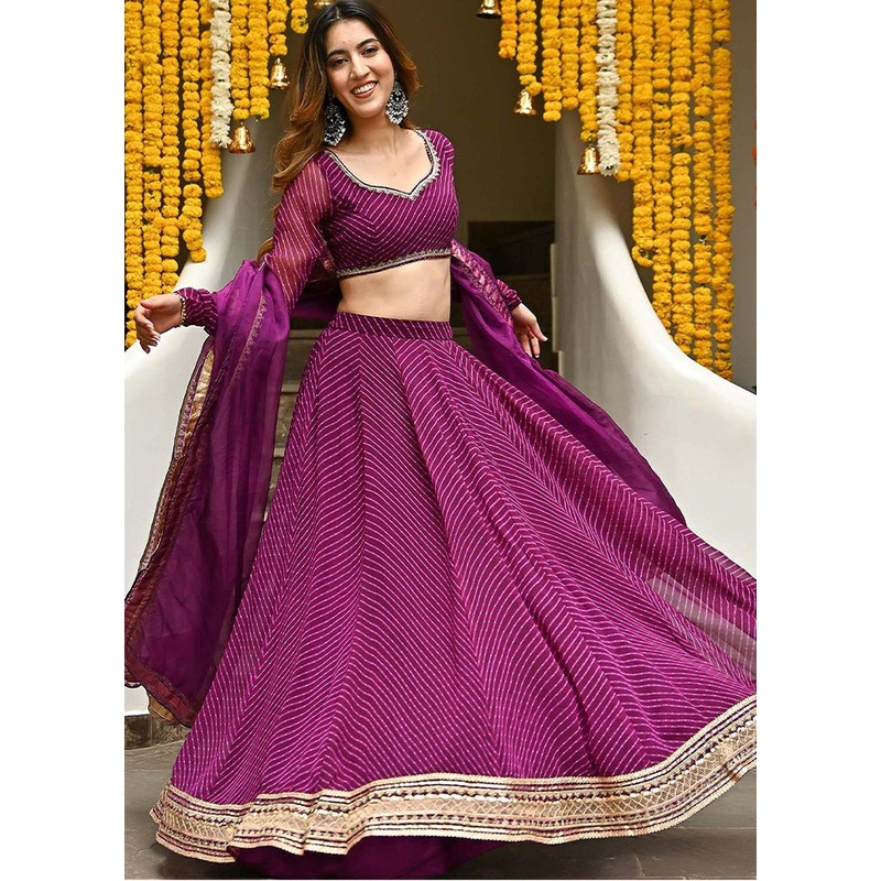 3 Pc Purple Georgette Semi Stitched Lehenga Set - JD986611549