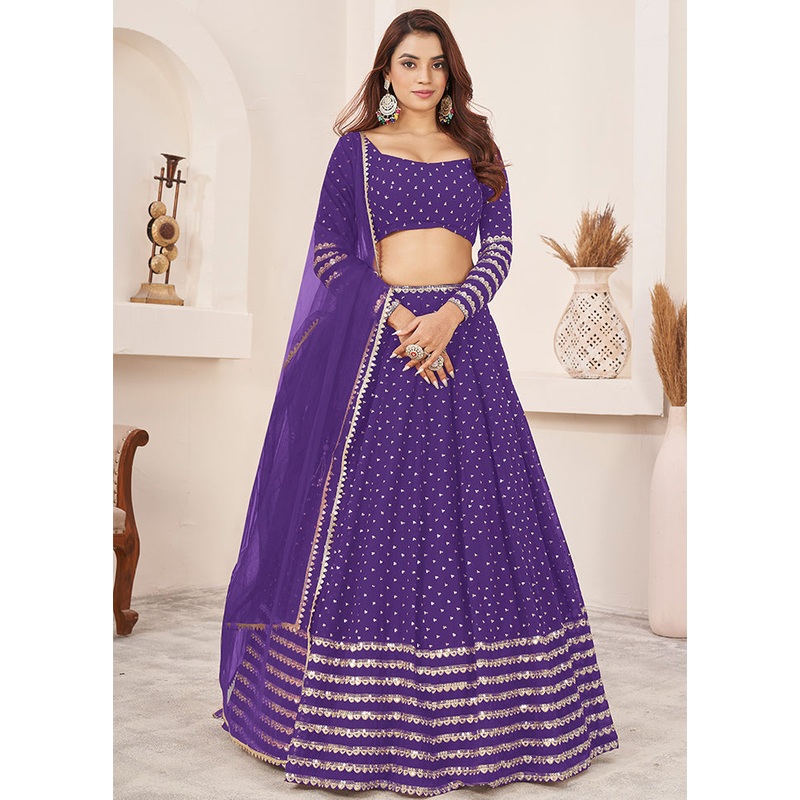 3 Pc Purple Georgette Semi Stitched Lehenga Set - JD986611550