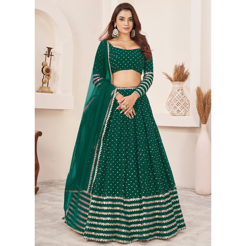 3 Pc Teal Green Georgette Semi Stitched Lehenga Set - JD986611547
