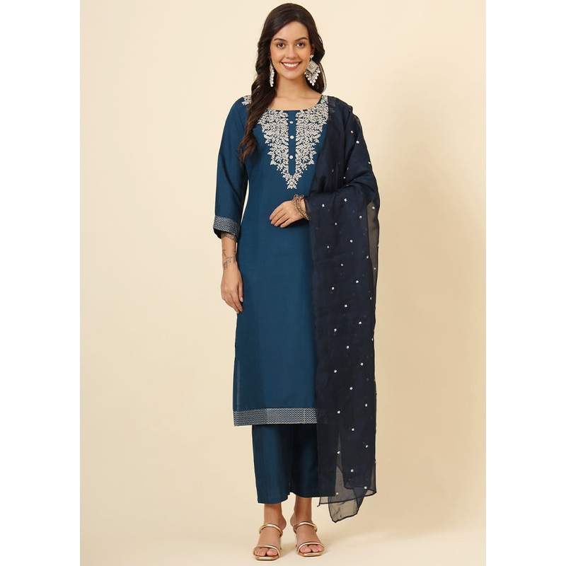 3 Pc Teal Readymade Silk Suit Set - JD986611640