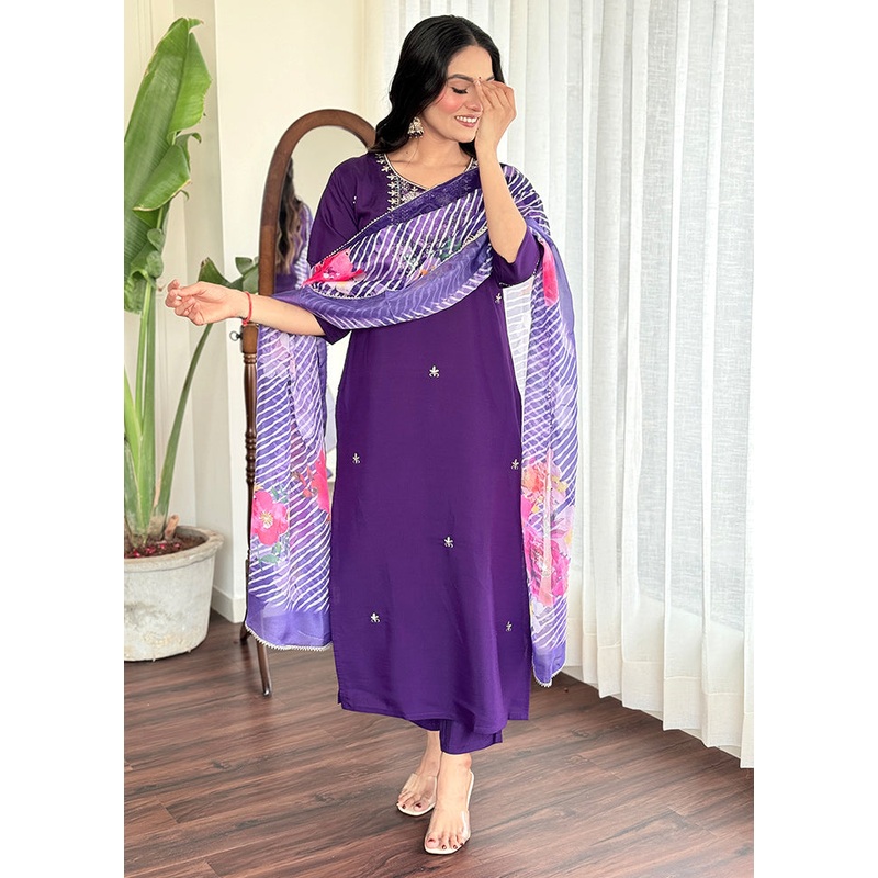 3 Pc Voilet Readymade Viscose Suit Set - JD986611639