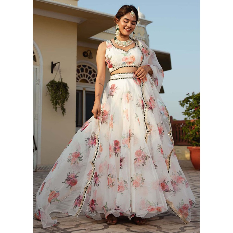 3 Pc White Net Semi Stitched Lehenga Set - JD986611546