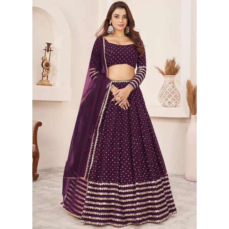 3 Pc Wine Georgette Semi Stitched Lehenga Set - JD986611545