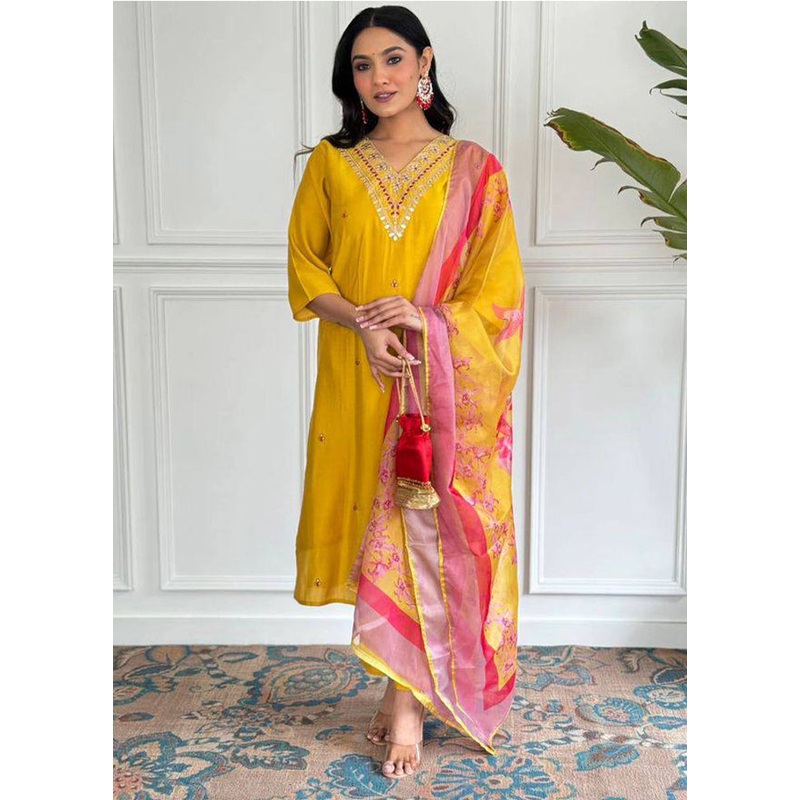 3 Pc Yellow Readymade Viscose Suit Set - JD986611635