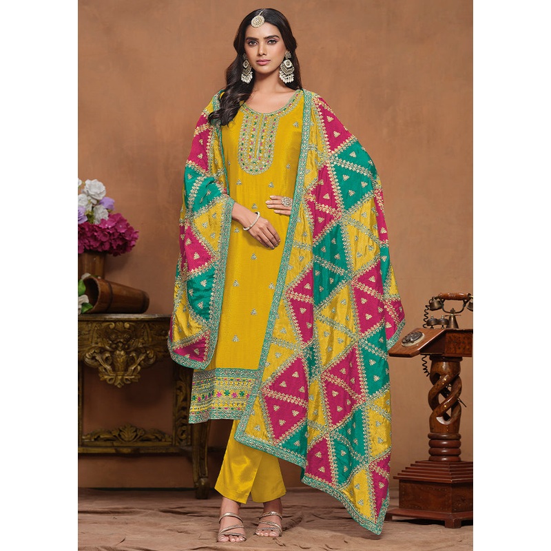 3 Pc Yellow Semi Stitched Silk Suit Set - JD986611608