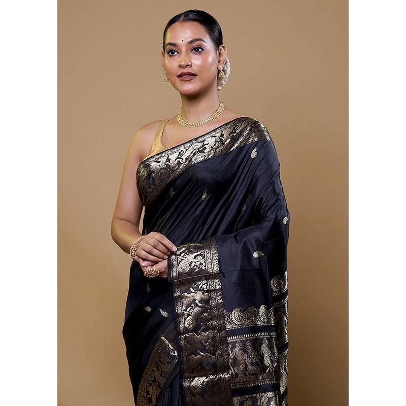 Black Handloom Baluchari Pure Silk Saree With Blouse Piece - JD986611596