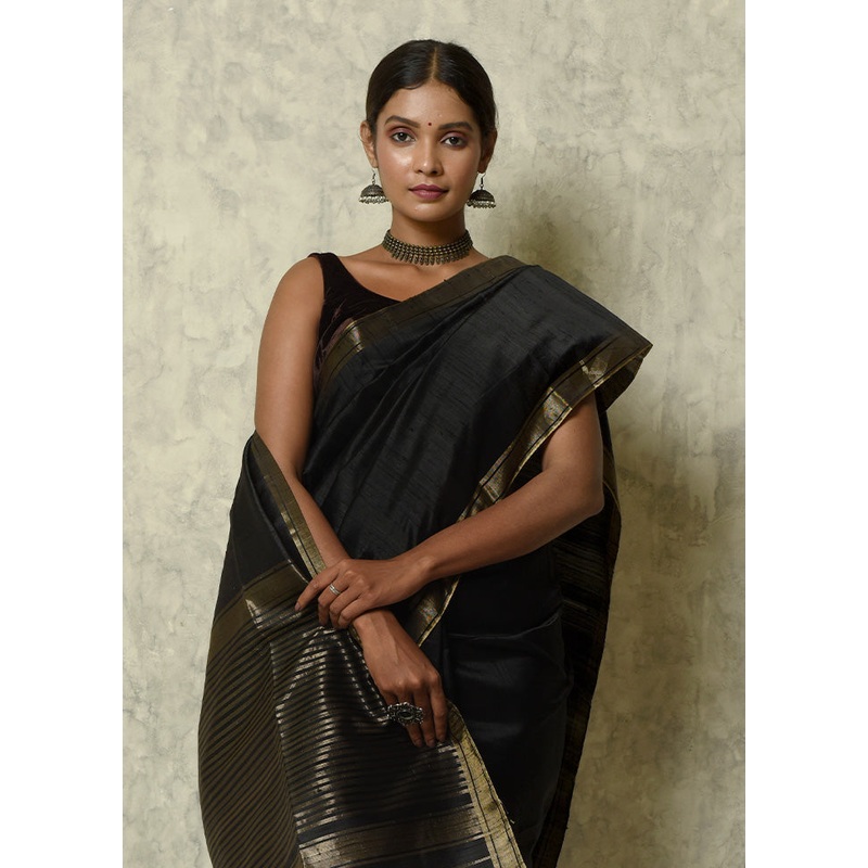 Black Raw Silk Saree With Blouse Piece - JD986611606