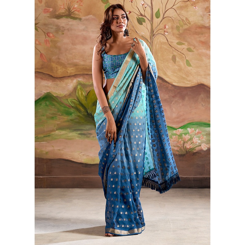 Blue Georgette Saree With Blouse Piece - JD986611579