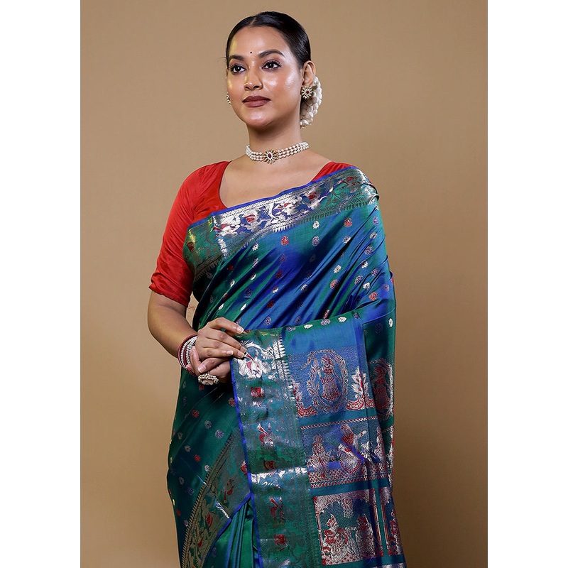 Blue Handloom Baluchari Pure Silk Saree With Blouse Piece - JD986611586