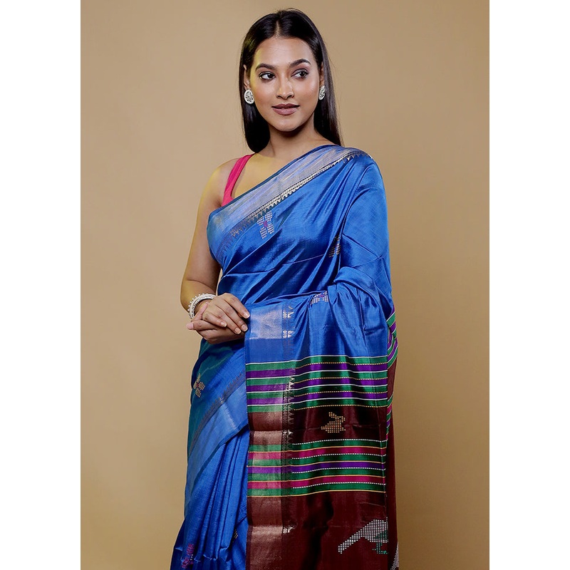 Blue Kalakshetra Kanjivaram Silk Saree With Blouse Piece - JD986611598