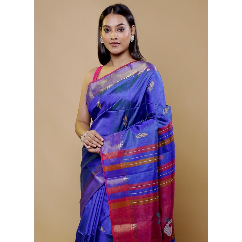 Blue Kalakshetra Kanjivaram Silk Saree With Blouse Piece - JD986611602